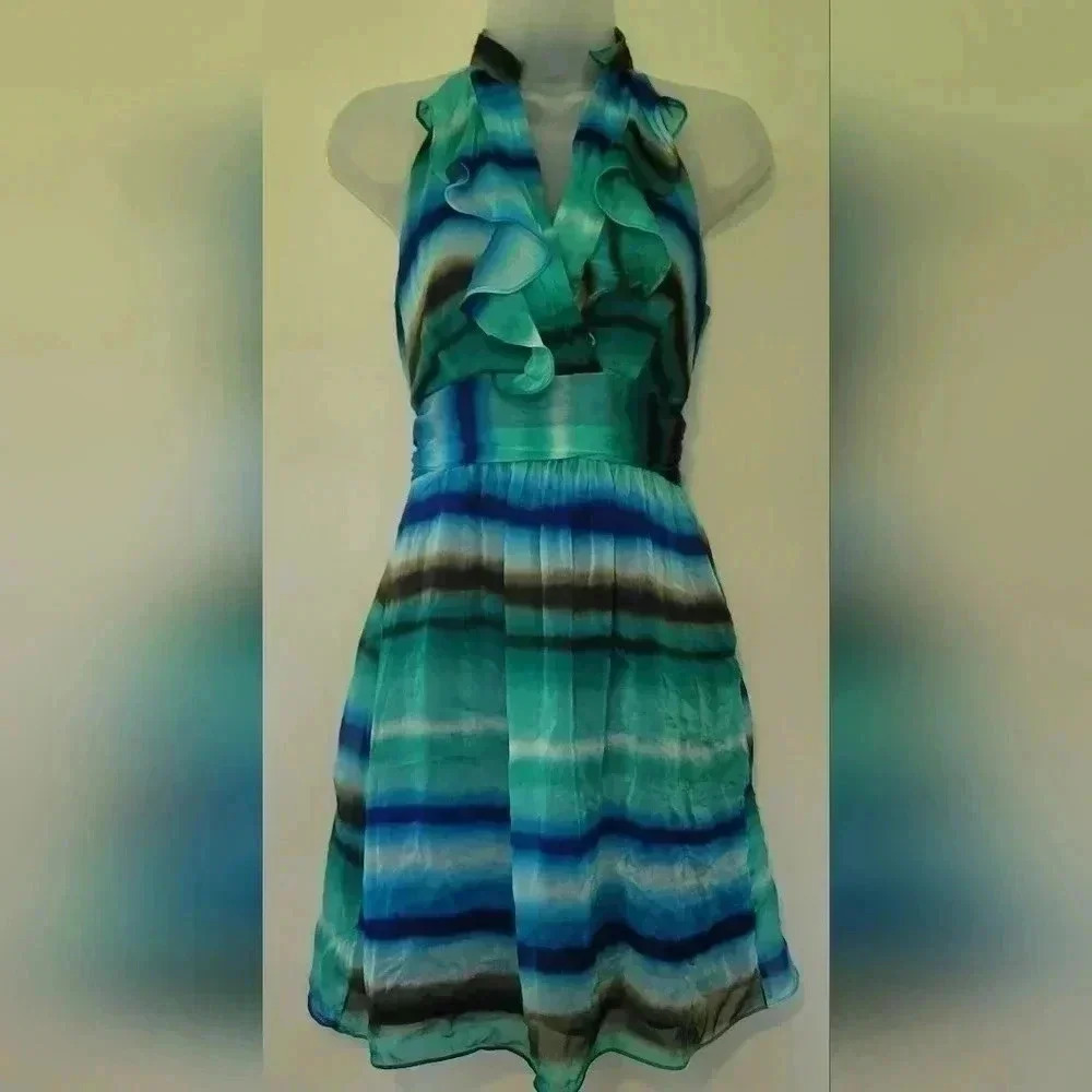 VTG 1990s The Limited Blue Green Mandarin V-Neck Sheath Dress Women's Size 4 - Picture 2 of 16